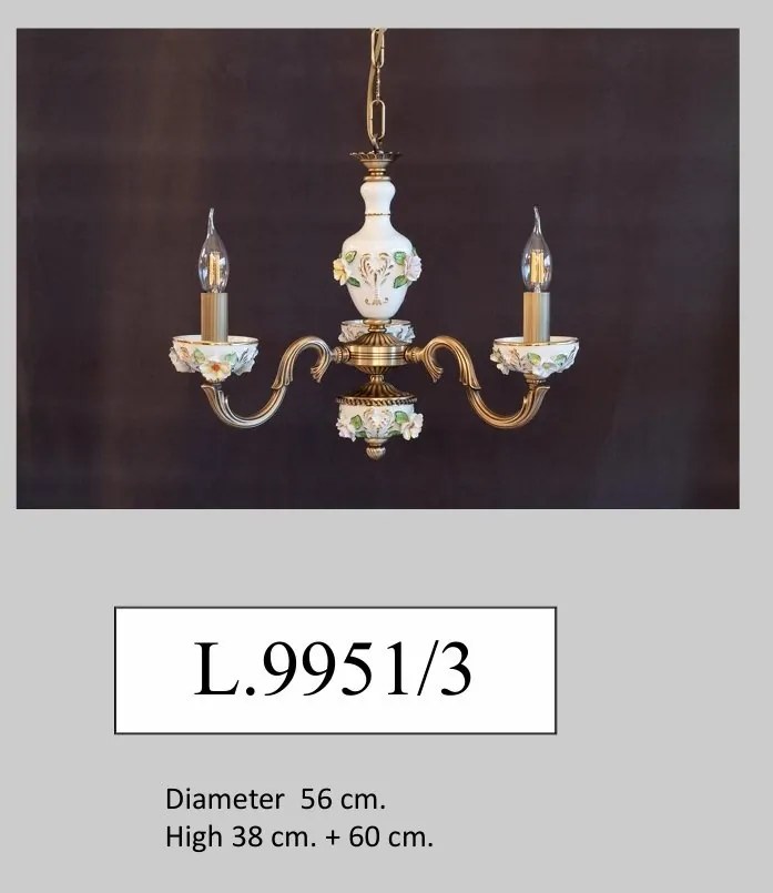 Lustra design italian cu 3 brate din alama si portelan colorat 9951