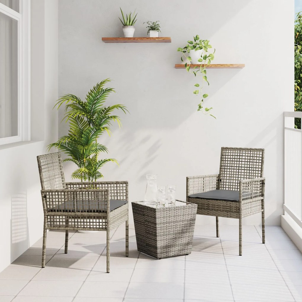 vidaXL Set bistro de grădină, 3 piese, cu perne, gri, poliratan