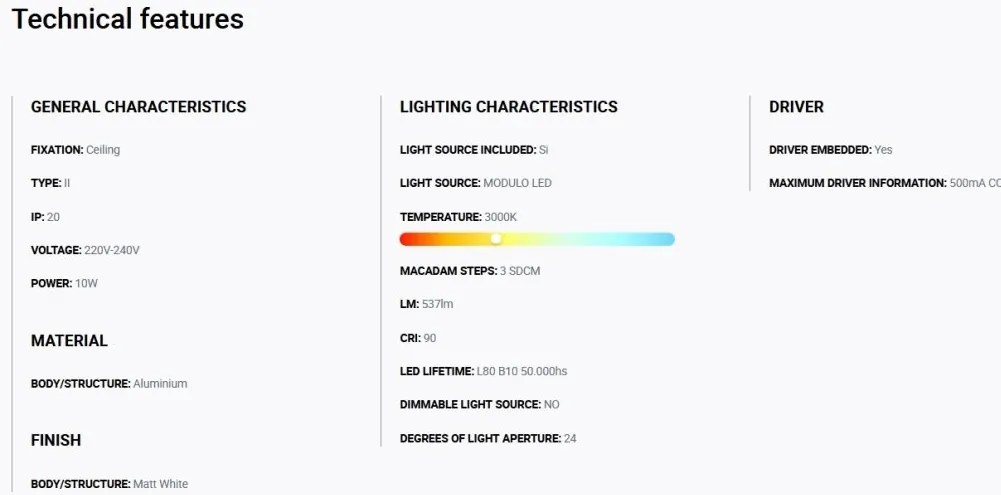 Spot LED incastrabil TULIPA White recessed downlight 10W 24° 3000K CRI90