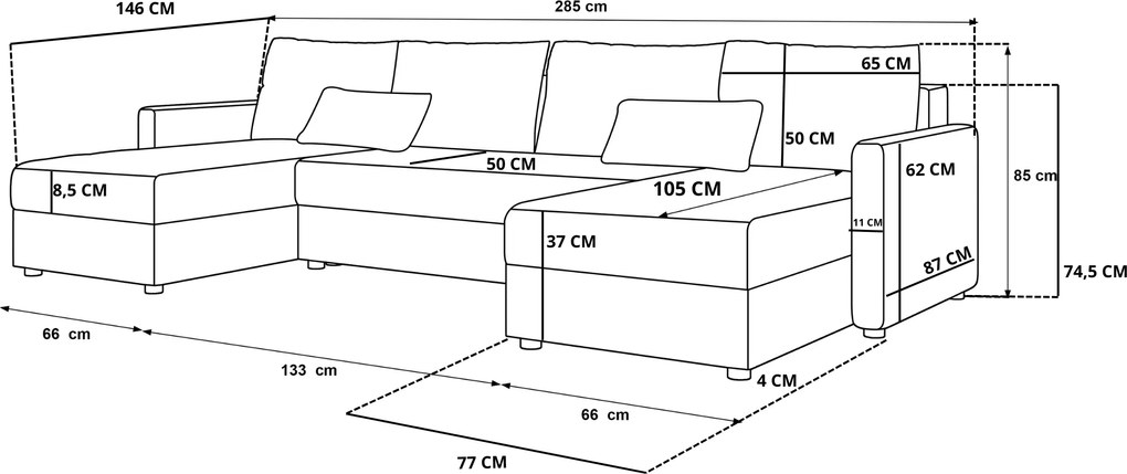 Coltar extensibil in forma de U VENORIA, roz pudra, 285x146 cm + 2 perne GRATUIT
