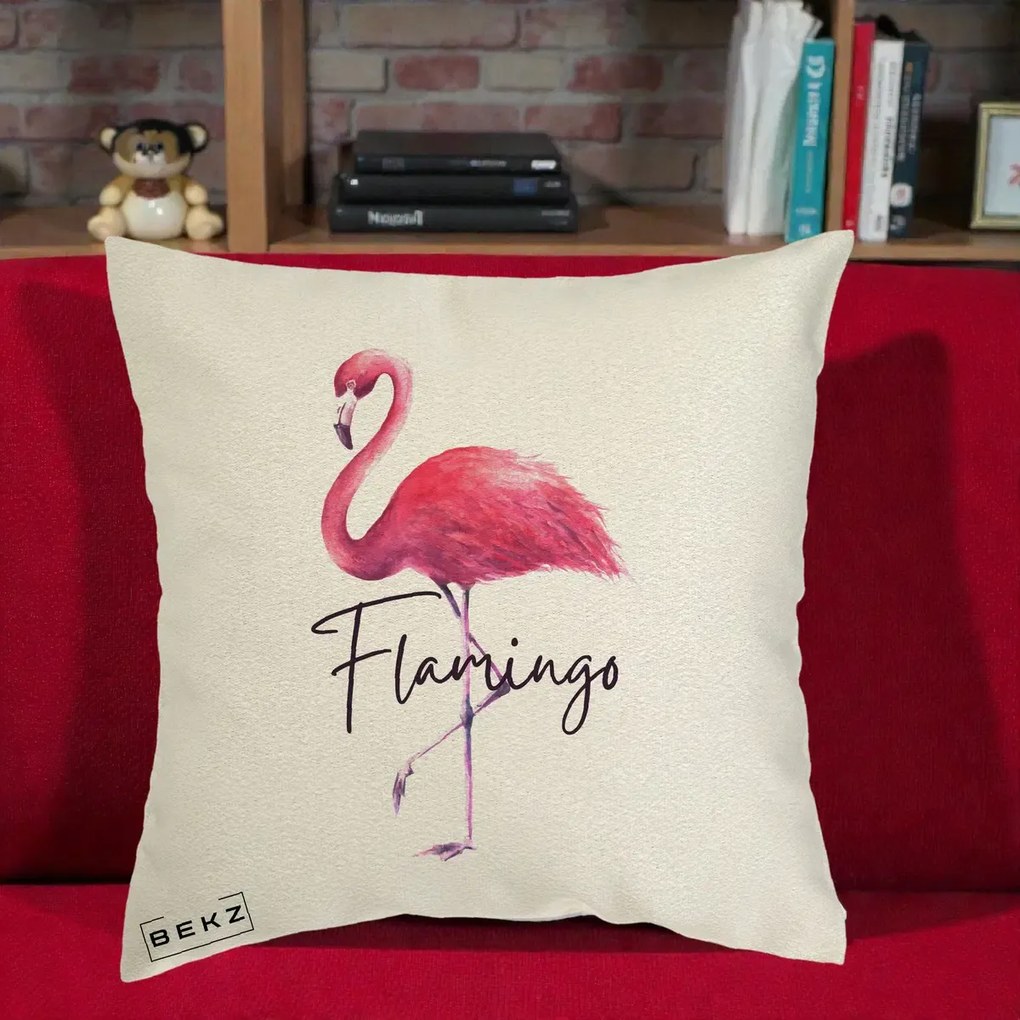 Perna Decorativa Flamingo Acuarela, 40x40 cm, Ecru, Husa Detasabila, Perna Inclusa, BEKZ®