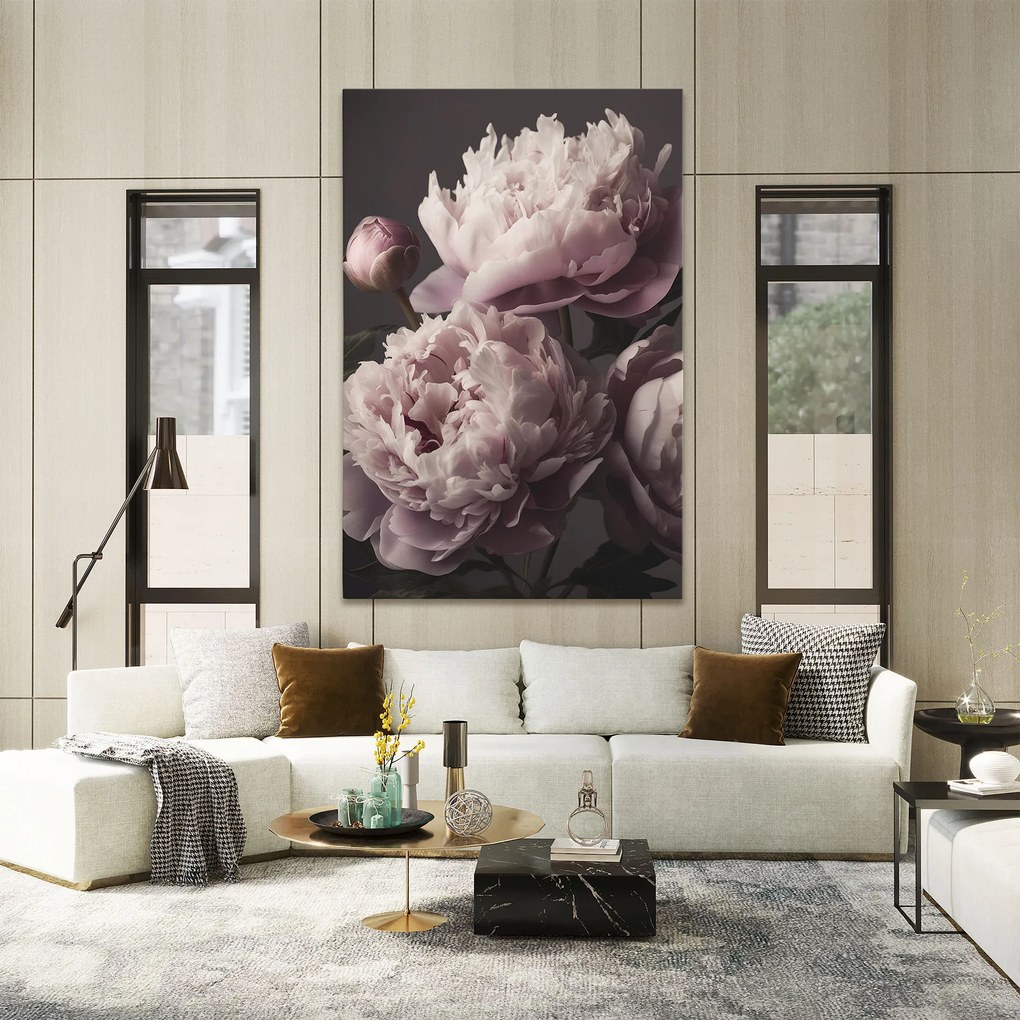 Tablou Canvas, 90x140cm, Dormitor si Living, Flori, Bujori, Grey Pastel Pink Peony