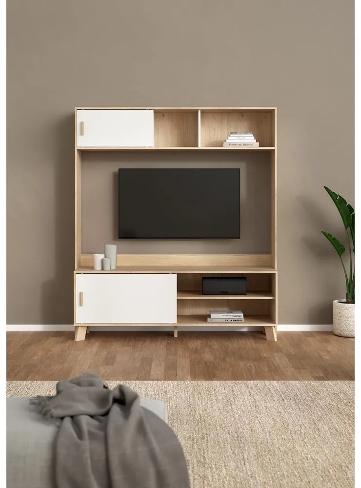 Set TV alb-în culoare naturală cu aspect de lemn de stejar 159x181x48 cm Ikast – Tvilum