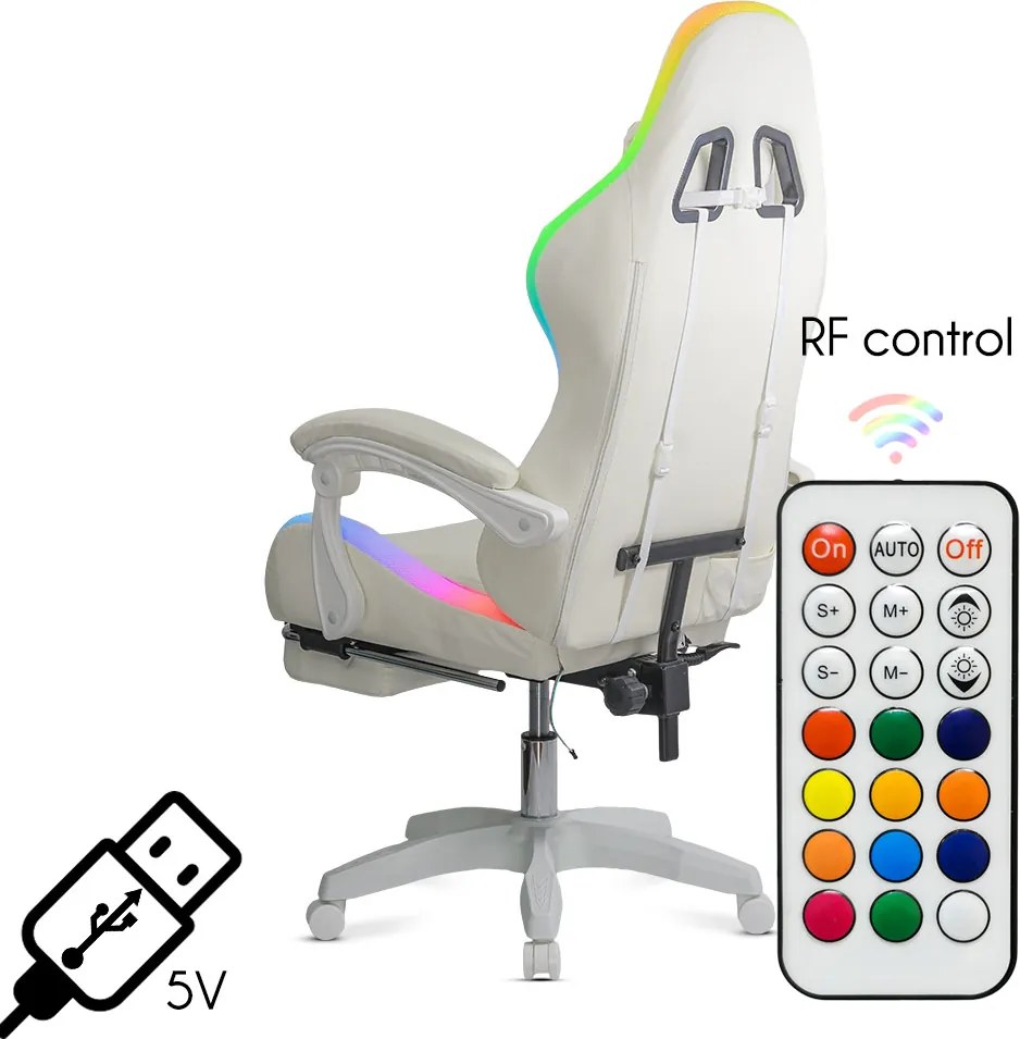 Scaun ergonomic gaming alb cu piele ecologică cu lumini LED RGB OFF 298