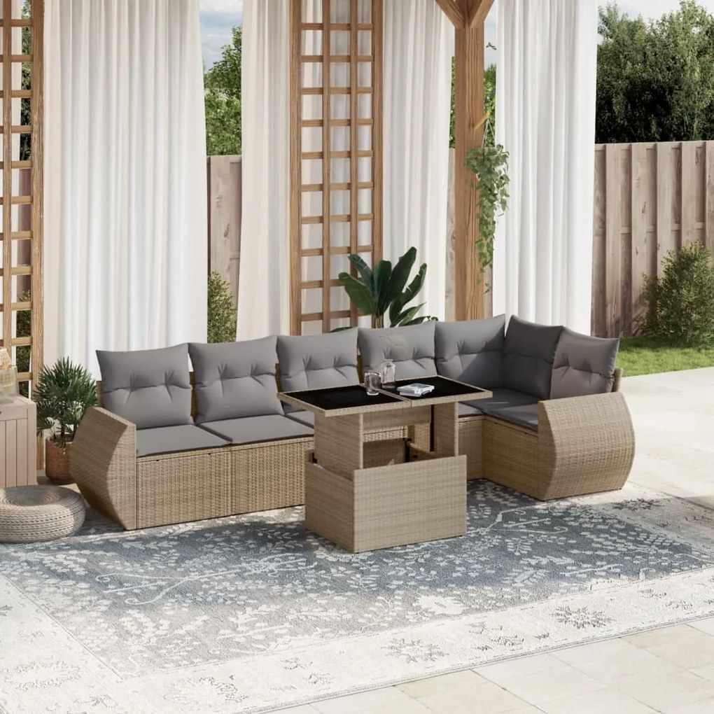 vidaXL Set canapele de grădină, 7 piese, cu perne, bej, poliratan