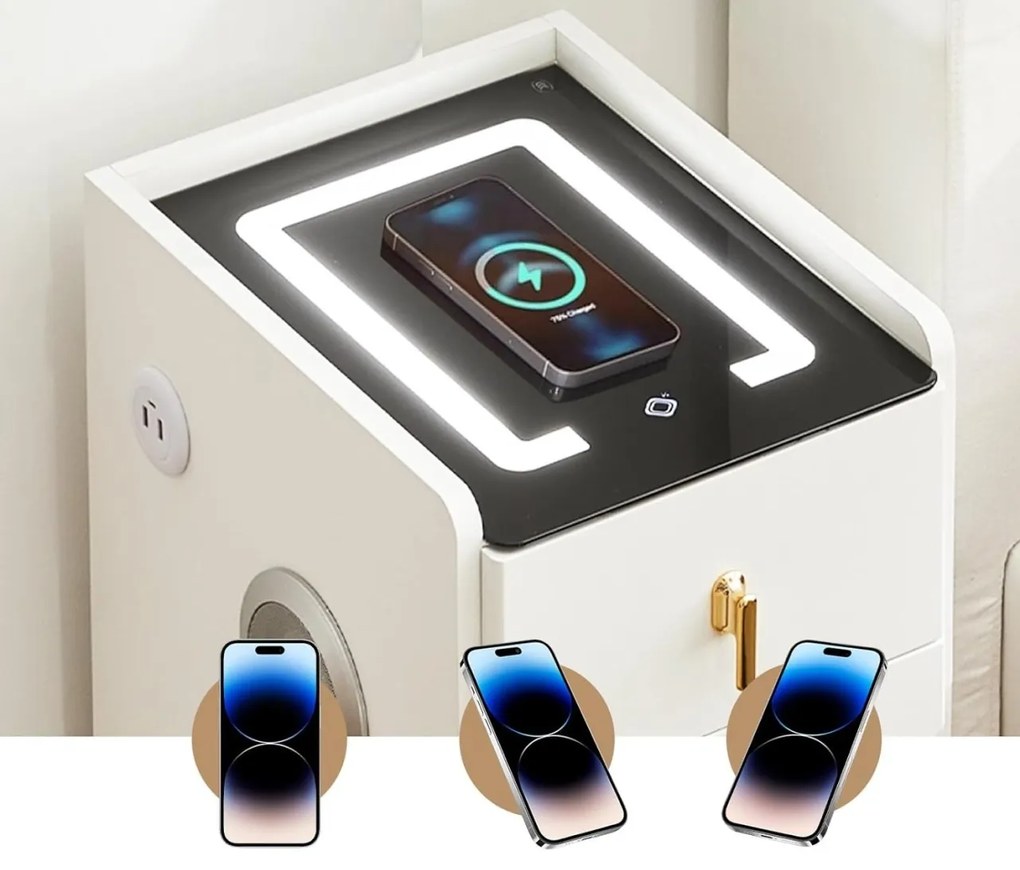 NOA1 - Set 2x Noptiere Smart, 30 cm, cu 3 sertare, LED, USB, Bluetooth, Incarcator Wireless, mobilier dormitor - Alb
