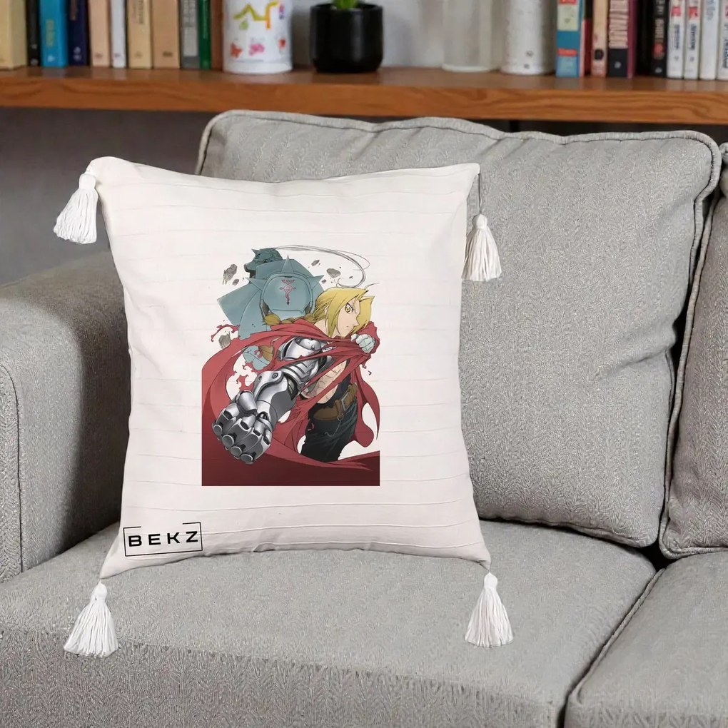 Perna Personalizata Fullmetal Alchemist Brotherhood Edward si Al Poster, 40x40 cm, Bej cu Franjuri, Husa Detasabila, Perna Inclusa, BEKZ®