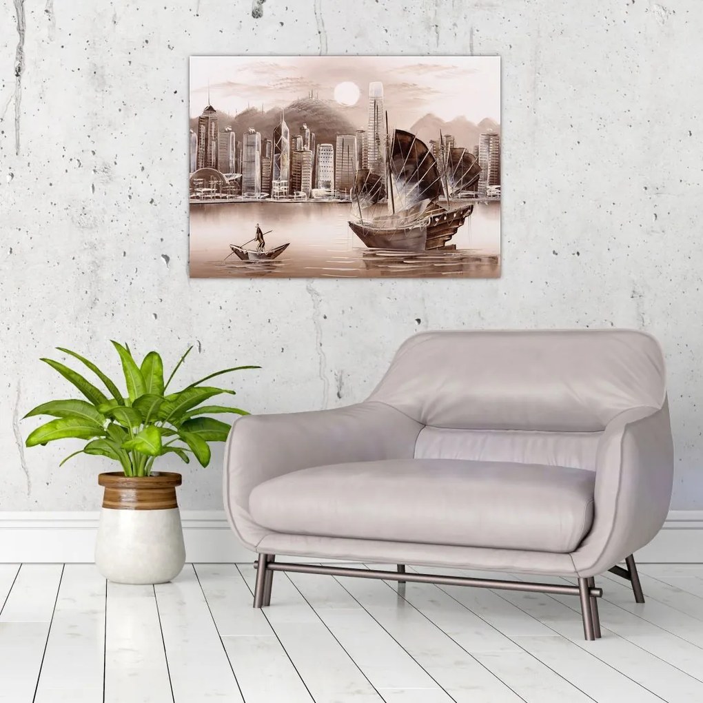 Tablou pe sticlă - Victoria Harbour, Hong Kong, efect sepia (70x50 cm)