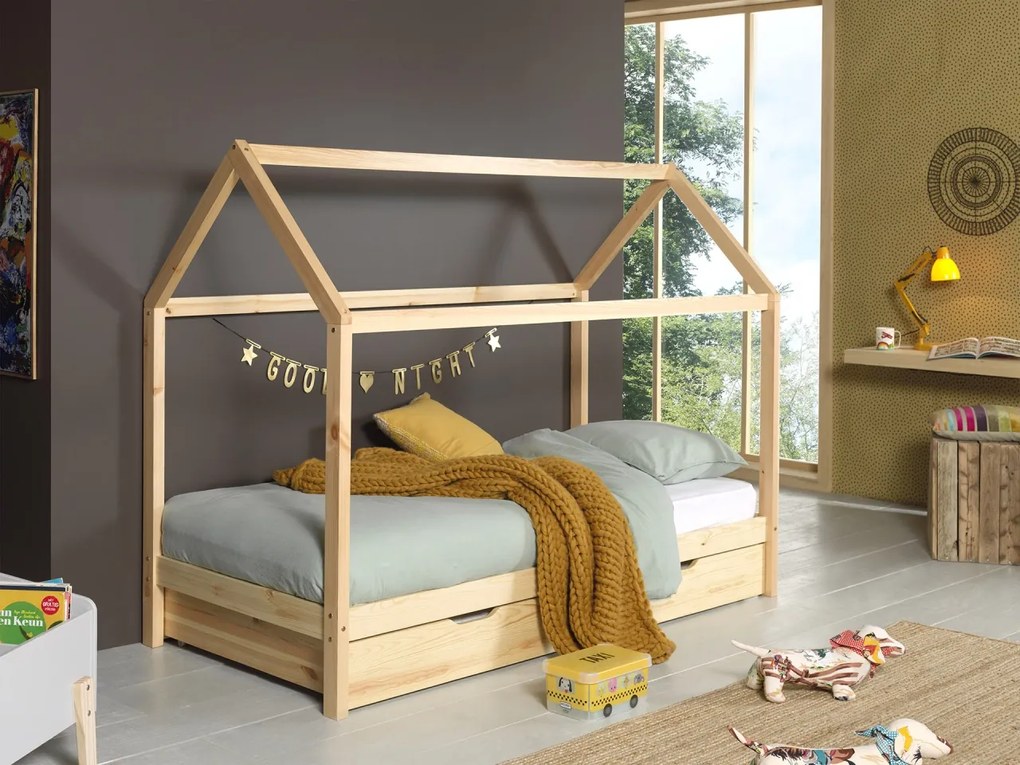 Set DALLAS culoare lemn natural format dintr-un Pat copii Vipack (90 x 200 cm) și un sertar.