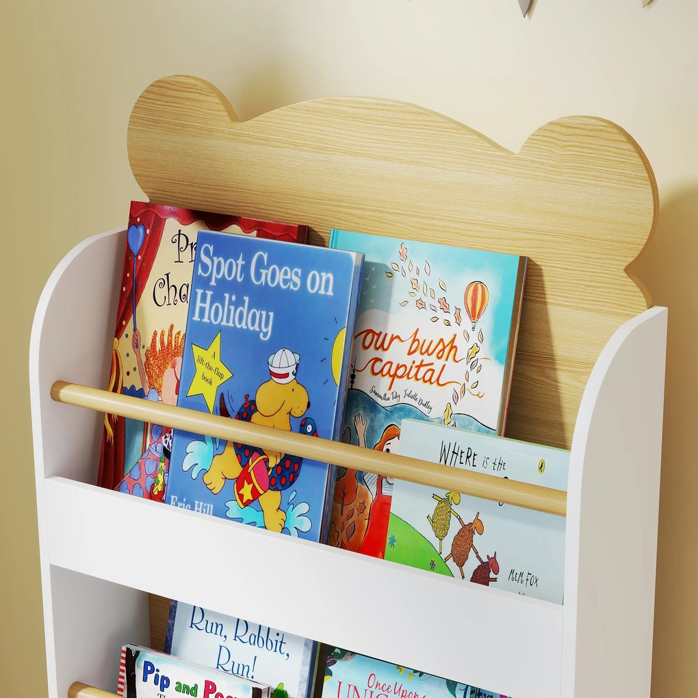 AIYAPLAY Bibliotecă pentru Copii cu 3 Rafturi în Formă de Ursuleț, cu Bariere Frontale, 55x15x110 cm, Culoare Lemn | Aosom Romania