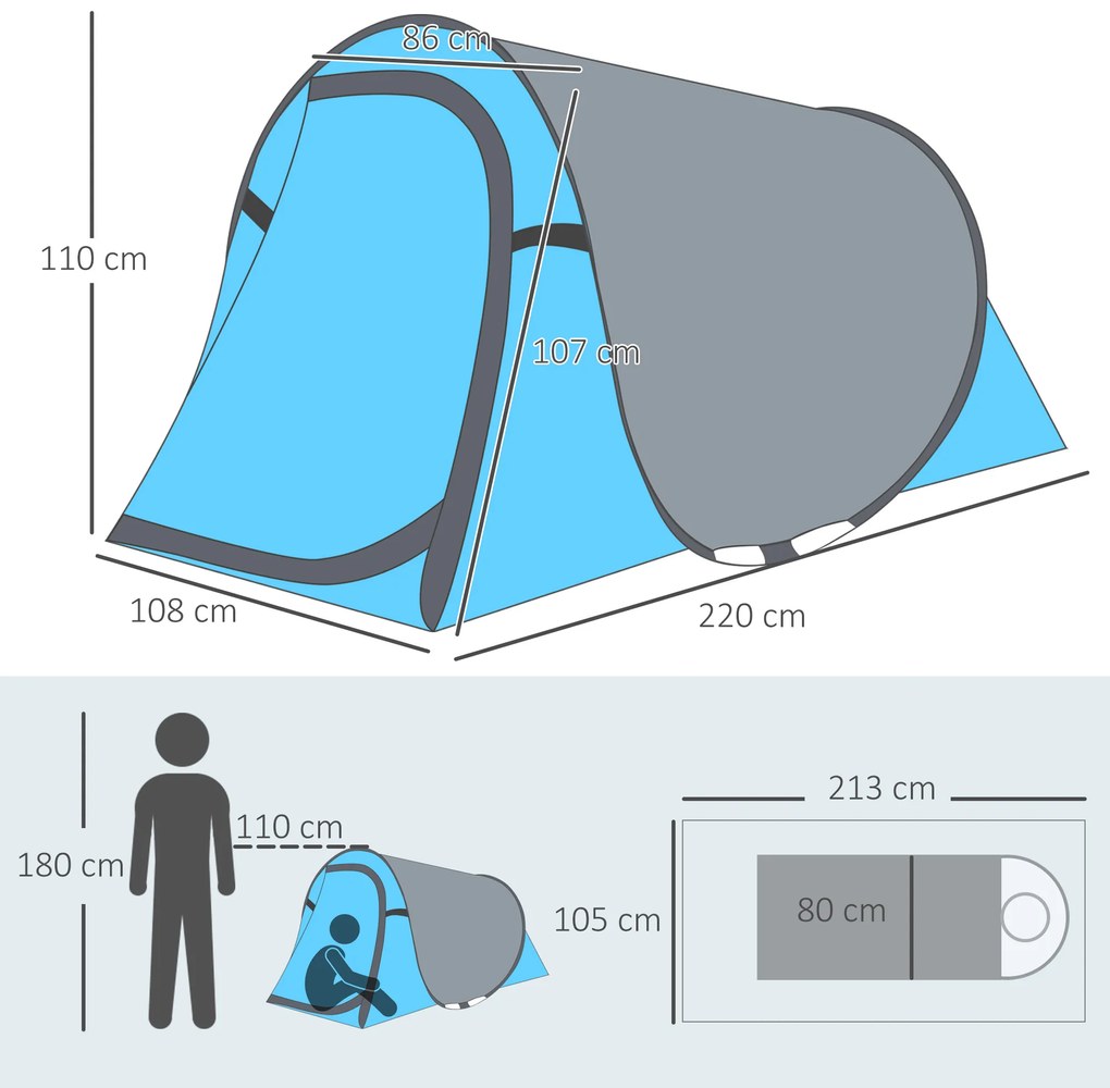 Outsunny Cort Camping 2 Persoane, Cort Automat Pop-up Iglu, 220x108x110 cm, Albastru | Aosom Romania