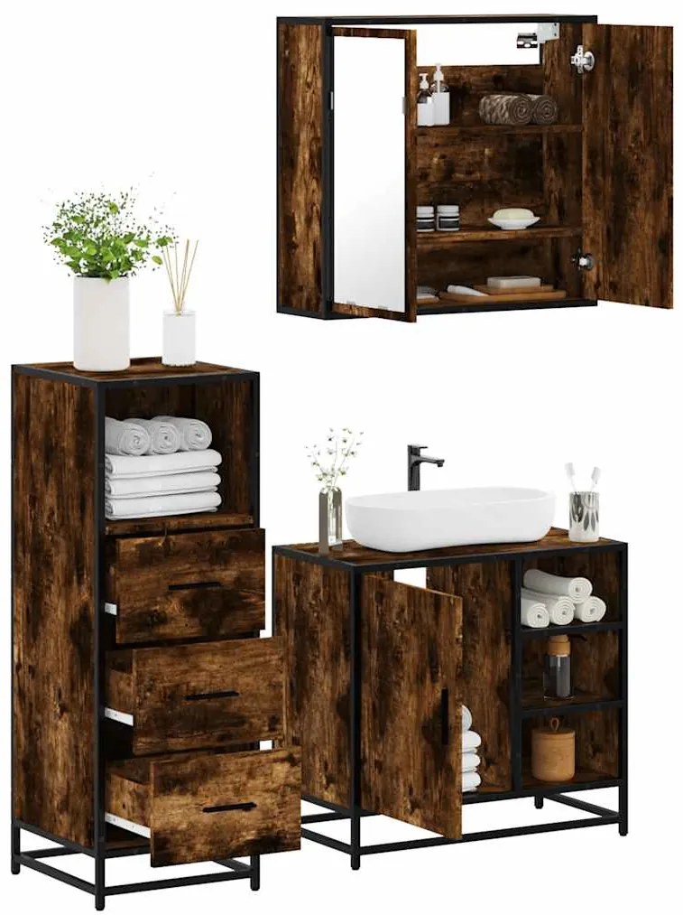vidaXL Set mobilier de baie, 3 piese, stejar fumuriu, lemn prelucrat