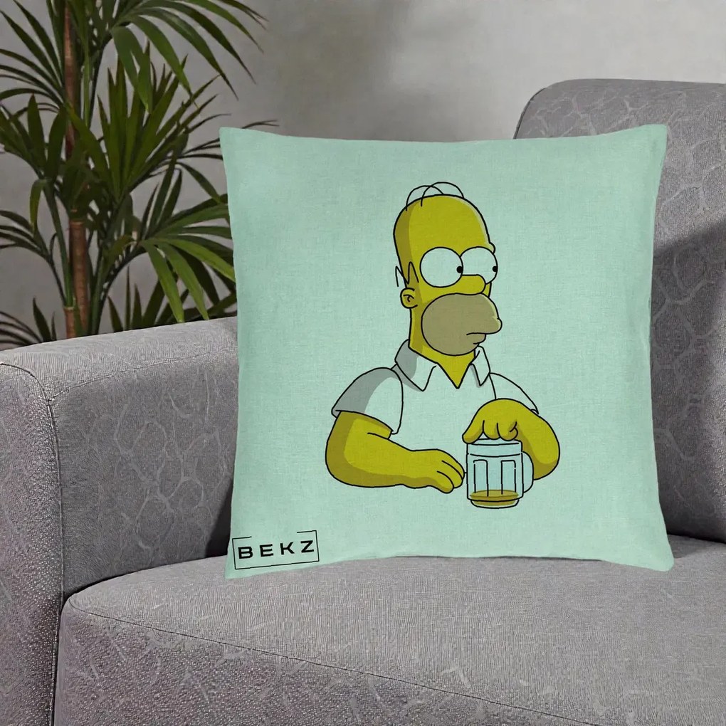 Perna Personalizata Homer Simpson cu Bere, 40x40 cm, Verde Menta, Husa Detasabila, Perna Inclusa, BEKZ®