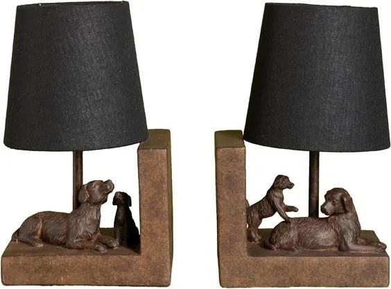 Set 2 lămpi de masă din bumbac negru, cu structură din rășină maro în formă de câine, finisaj patinat, 28×31×13 cm, „Compagnon"