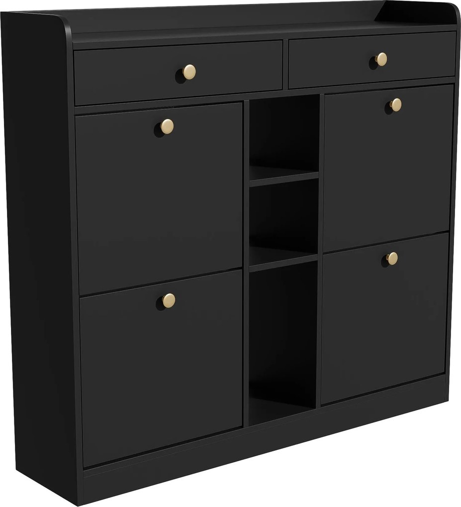 Dulap pentru pantofi cu 4 uși rabatabile, 2 sertare și 3 compartimente deschise, 110x26x100 cm, Negru