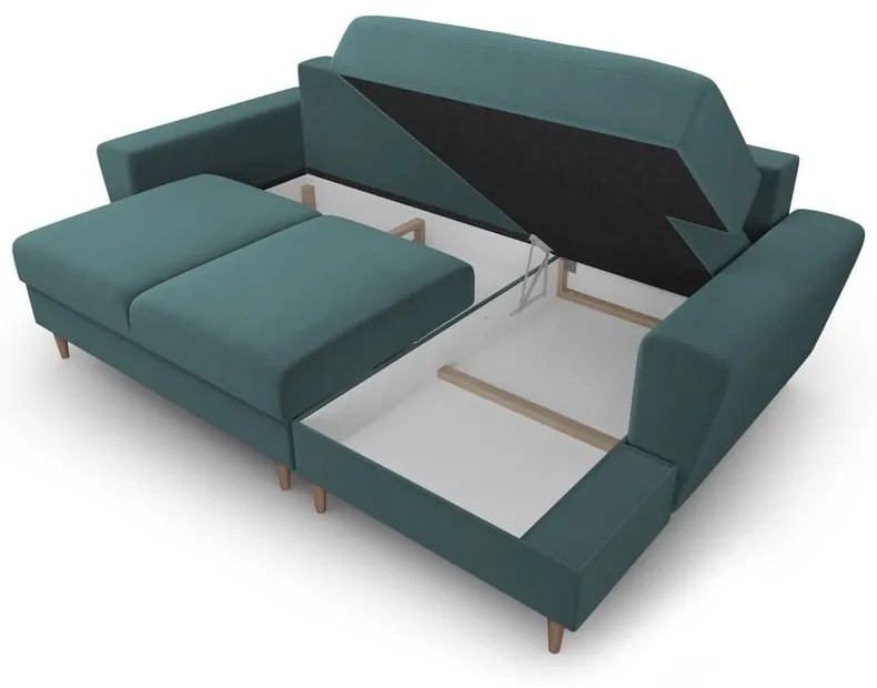 Colțar petrol extensibil, cu spațiu de depozitare cu tapițerie din catifea (cu colț pe partea dreaptă, cu șezlong) Kyoto – Cosmopolitan Design