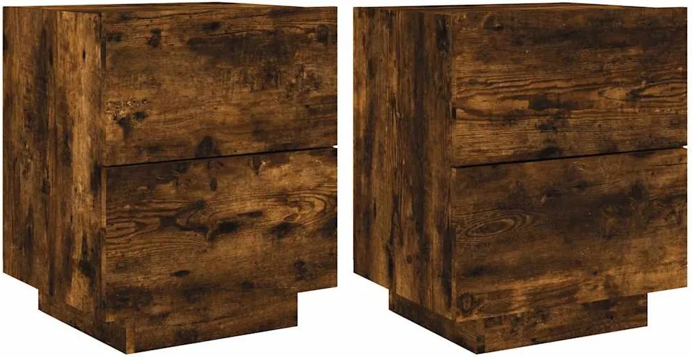 vidaXL Noptiere cu lumini LED, 2 buc., stejar fumuriu, lemn prelucrat