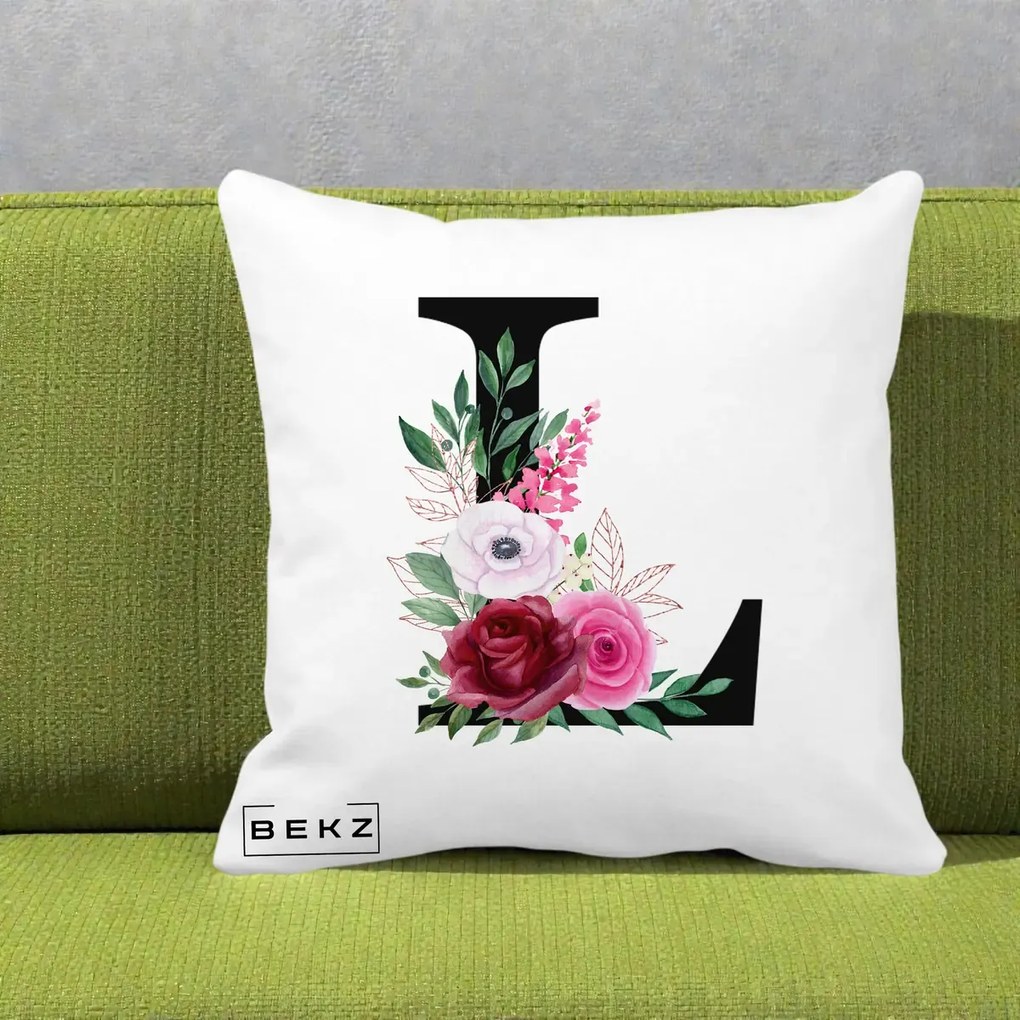 Cadou Personalizat - Perna Personalizata Monograma Florala Litera L, 40x40 cm, Alba Mata, Husa Detasabila, Perna Inclusa, BEKZ®