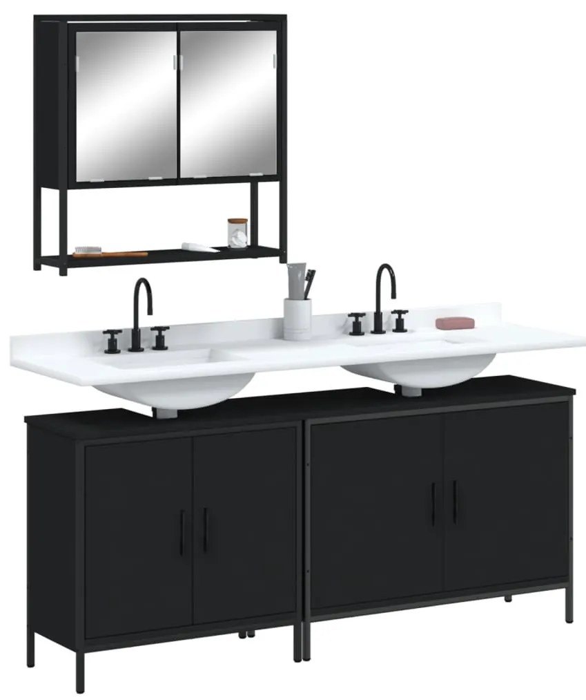 vidaXL Set mobilier de baie, 3 piese, negru, lemn compozit
