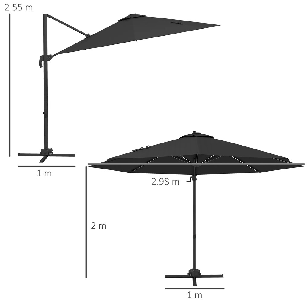 Outsunny Umbrelă de Soare Exterioară cu Lumini LED și Unghi Reglabil, Umbrelă de Grădină din Aluminiu și Poliester, Ø3x2.5 m, Gri | Aosom Romania