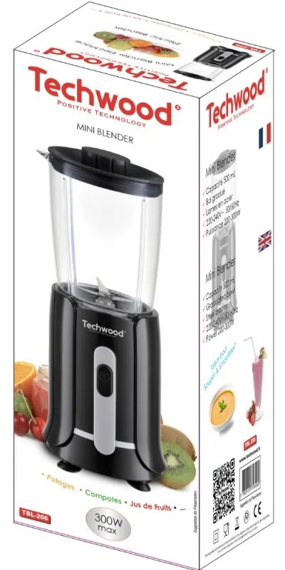 Mini blender Techwood TBL-206, 300W, 0.5 L, Cutite otel, Negru