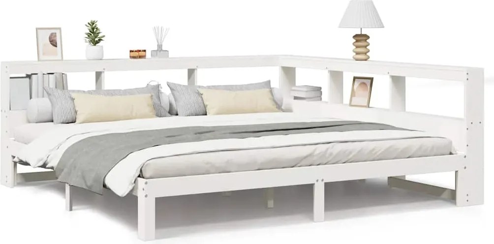 vidaXL Pat cu bibliotecă fără saltea, alb, 200x200 cm, lemn masiv pin