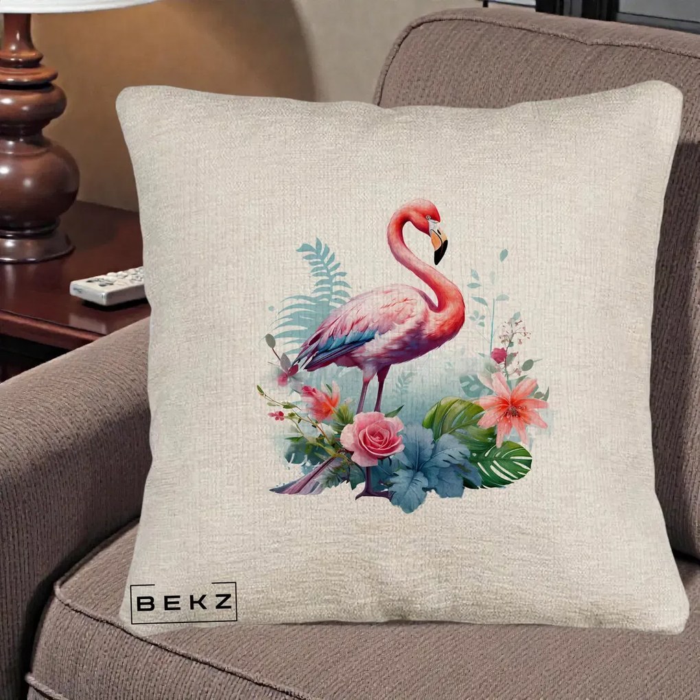 Perna Decorativa Flamingo cu Flori Tropicale Acuarela, 40x40 cm, Bej Canapea, Husa Detasabila, Perna Inclusa, BEKZ®