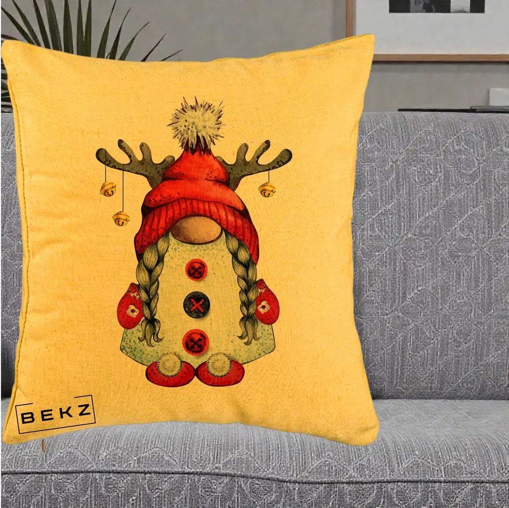 Perna Decorativa Pitic Gnom Craciun cu Coarne de Ren, 40x40 cm, Galben, Husa Detasabila, Perna Inclusa, BEKZ®