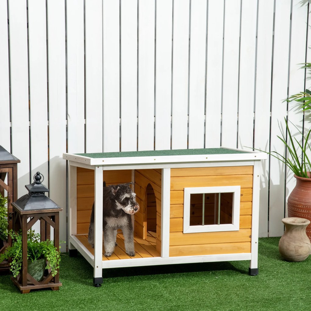 PawHut Cușcă pentru Câini de Exterior din Lemn cu Verandă Acoperită și Acoperiș Înclinat, 85.5x62x60 cm, Multicolor | Aosom Romania