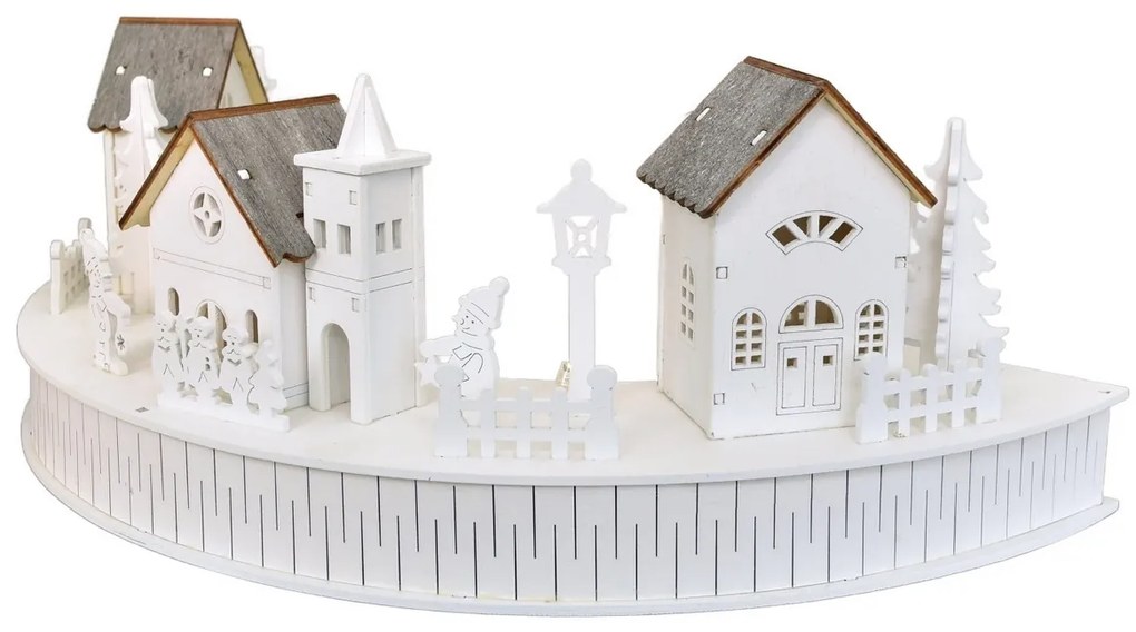 Decorație luminoasă din lemn cu LED-uri, sat cubiserică, 40 x 14 x 20 cm, semicirculară