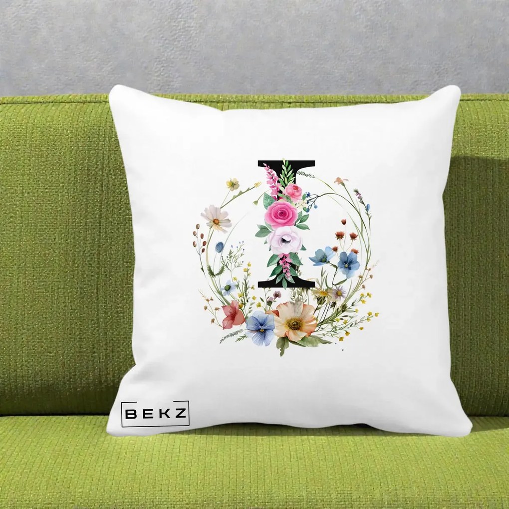 Cadou Personalizat - Perna Personalizata Monogram Litera I cu Flori Acuarela, 40x40 cm, Alba Mata, Husa Detasabila, Perna Inclusa, BEKZ®