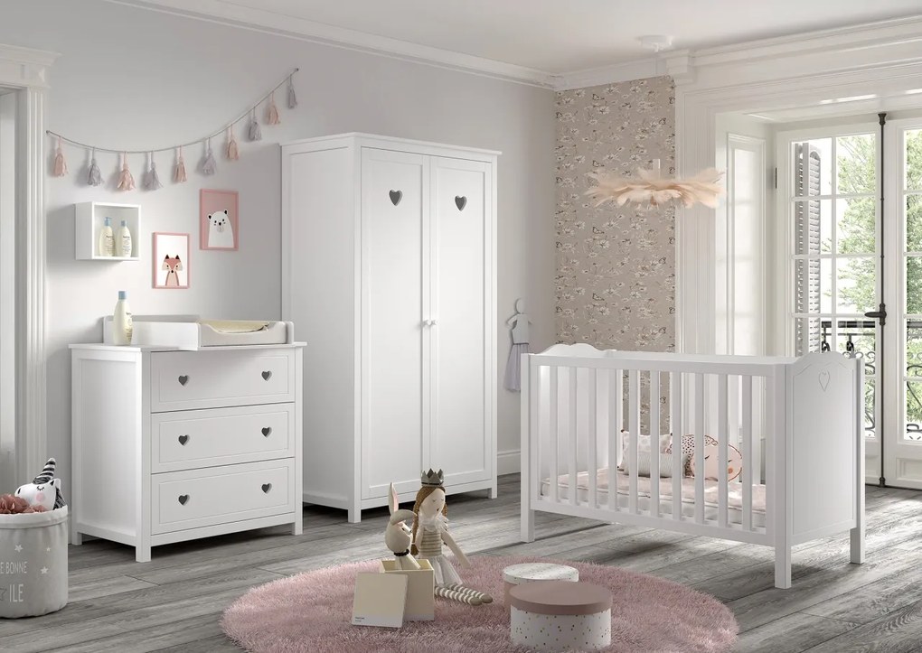 Set Mobilier AMORI Cameră Bebeluși, 3 Piese, Alb (Pin Masiv și MDF), Design Romantic – Vipack