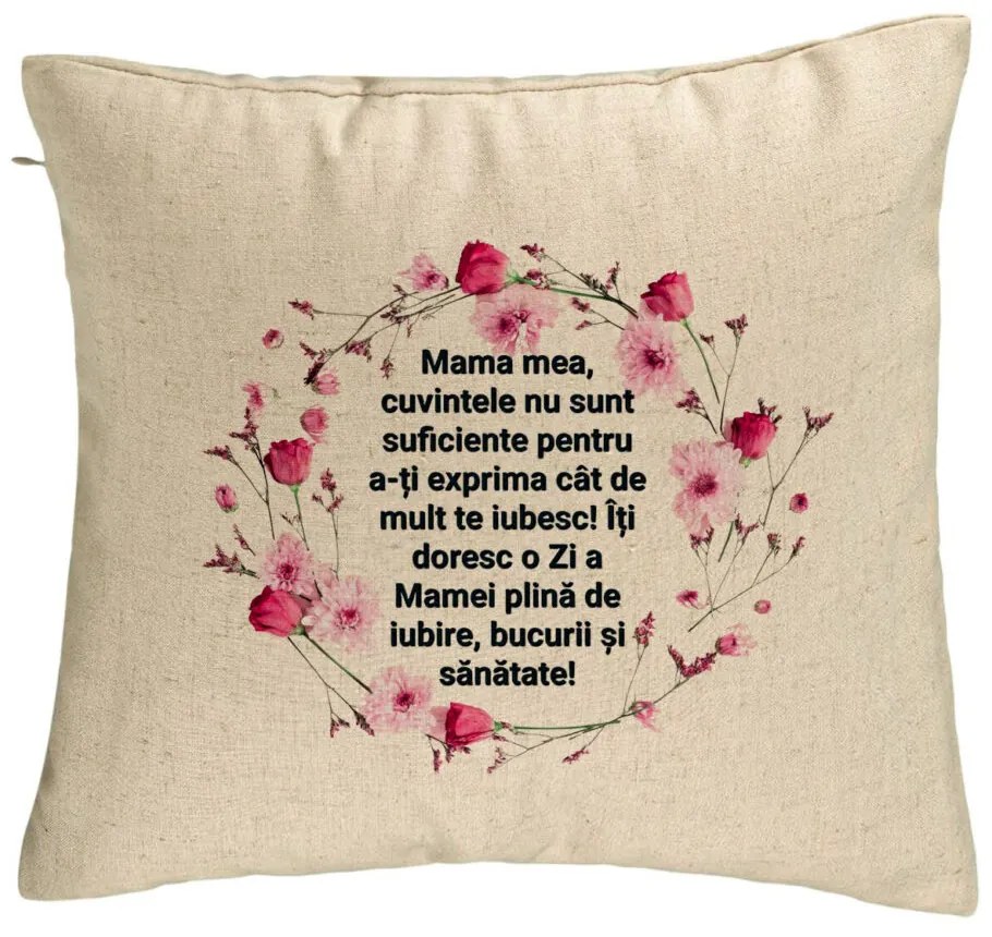 Perna Decorativa, Model cu Model pentru Mama cu text 40x40 cm, Bej, Husa Detasabila, Burduf