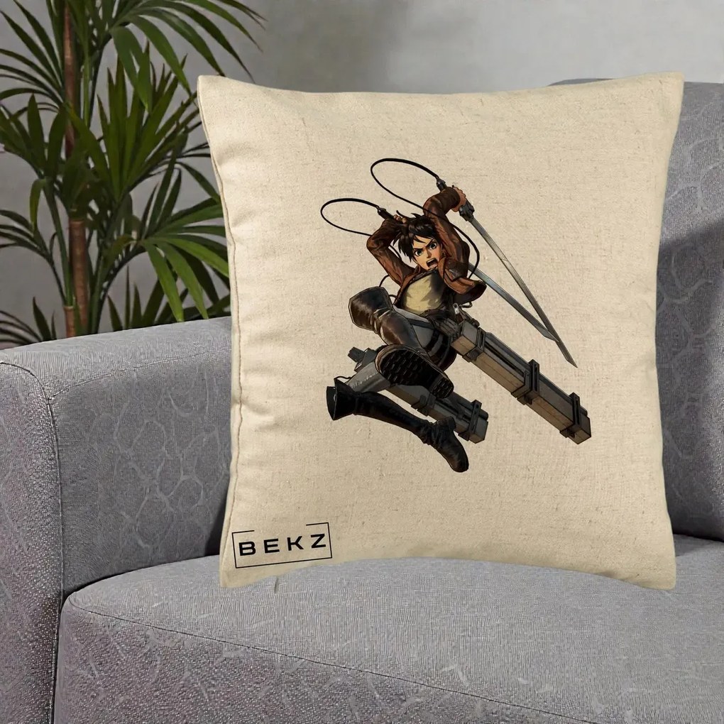 Perna Personalizata Attack on Titan Eren Yeager Lupta, 40x40 cm, Bej, Husa Detasabila, Perna Inclusa, BEKZ®
