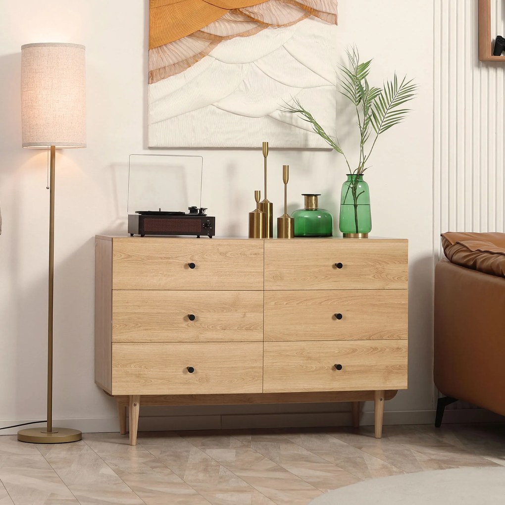HOMCOM Comodă 6 sertare mobilier de depozitare picioare din lemn masiv 120 x 40 x 80 cm culoare lemn | Aosom Romania