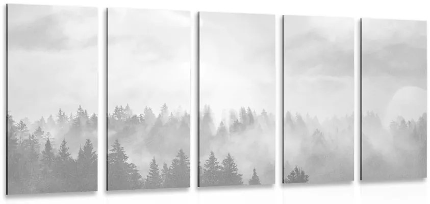 Tablou 5-piese ceață deasupra pădurii în design alb-negru