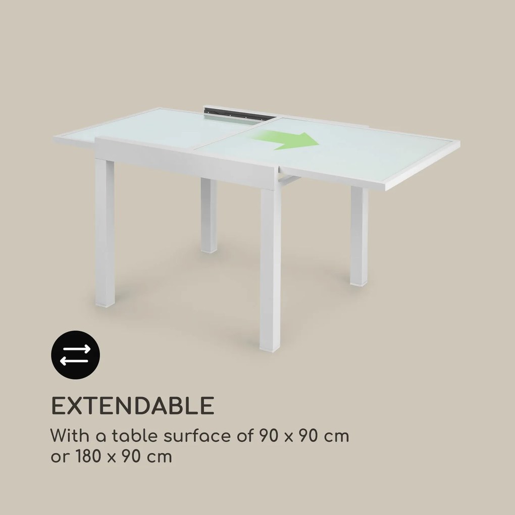 Pamplona Extension, masă de grădină, 180 x 83 cm max., aluminiu, sticlă, alb
