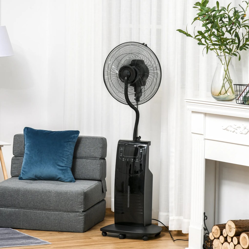 HOMCOM Ventilator Nebulizator cu Apă, Telecomandă, 3 Viteze, Oscilație, Temporizator, Ф44.5x135cm, Negru | Aosom Romania