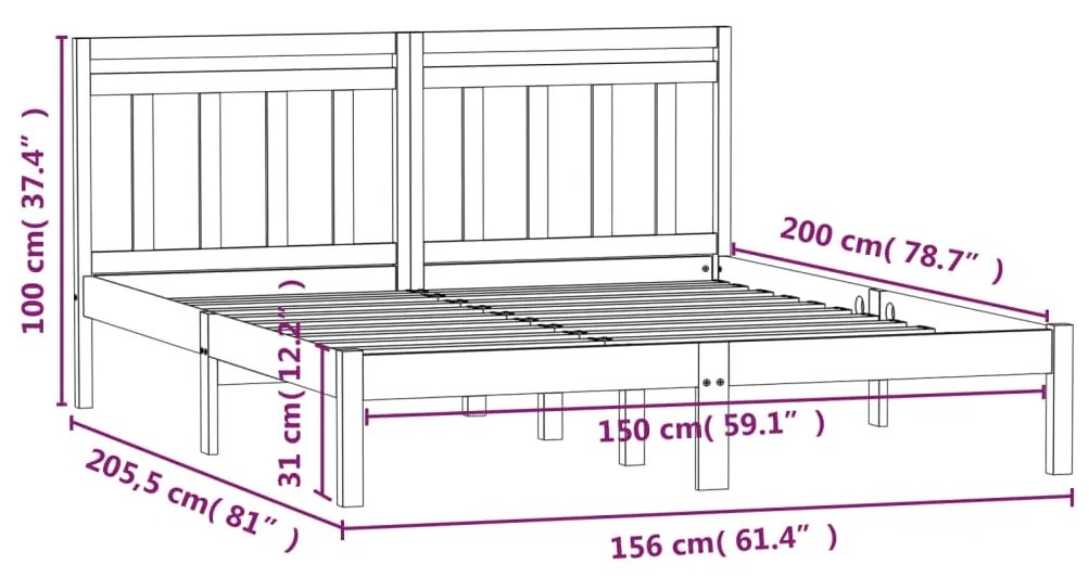 Cadru pat 5FT King Size, maro miere, 150x200 cm, lemn masiv maro miere, 150 x 200 cm