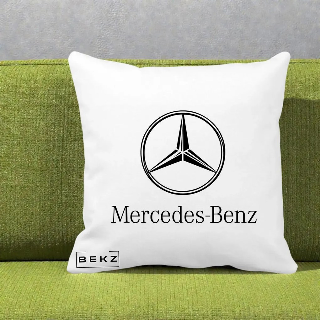Perna Personalizata cu emblema Mercedes-Benz, 40x40 cm, Alba Mata, Husa Detasabila, Perna Inclusa, BEKZ®