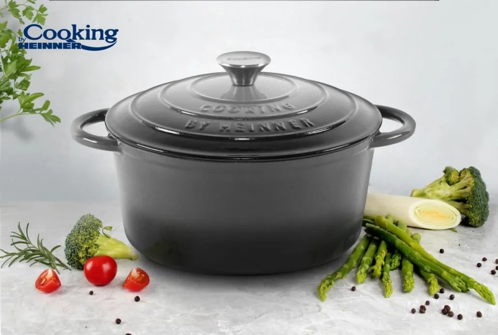 Oală din fontă emailată cu capac 28x13 cm, 6L – Cooking by Heinner, Marble Grey HR-ZVC-S28, păstrează căldura și aromele
