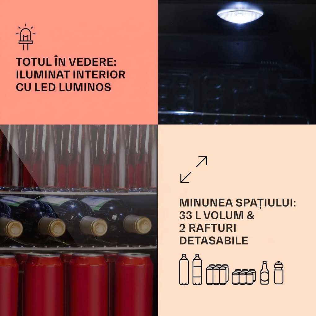 Klarstein Beersafe M Onyx, frigider, C, LED, 2 grătare metalice, ușă din sticlă, onyx