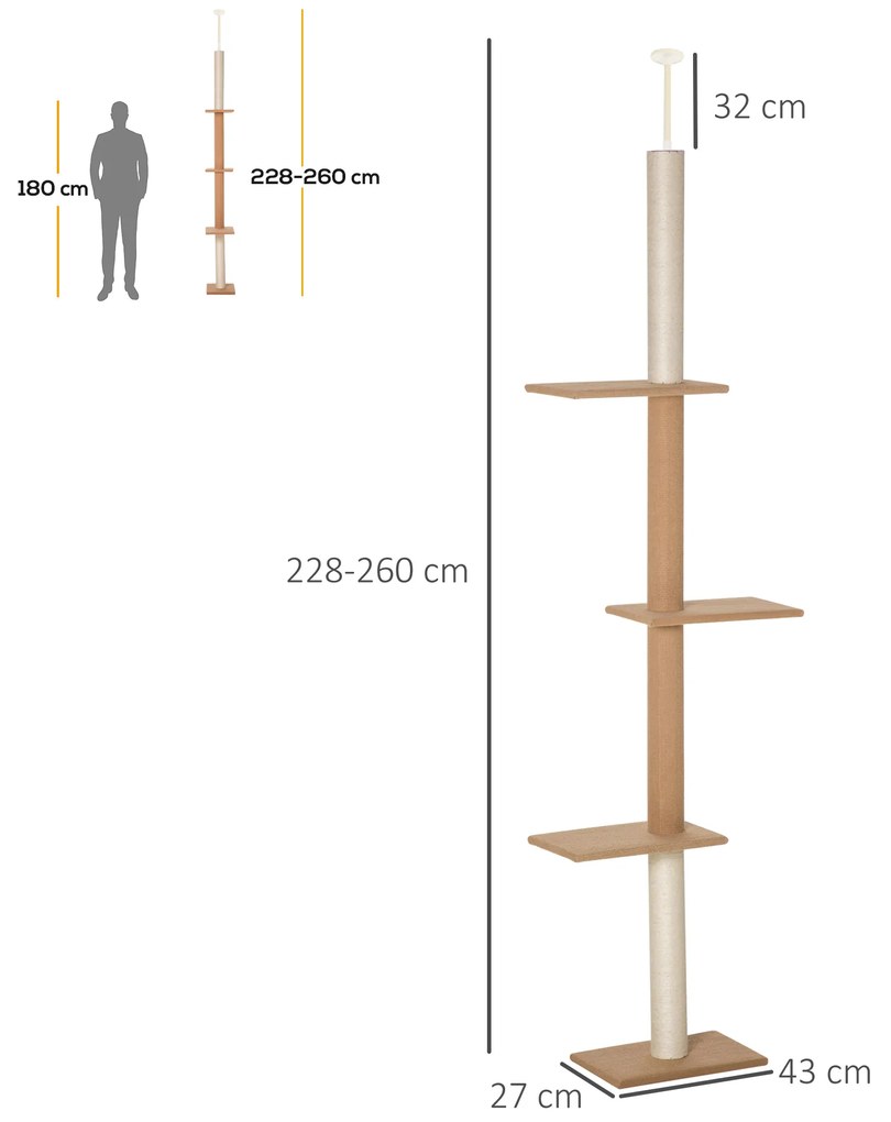 PawHut Stâlp de Zgâriat pentru Pisici cu 4 Nivele cu Prindere de Tavan și Înălțime Reglabilă, 43x27x228-260 cm, Maro | Aosom Romania