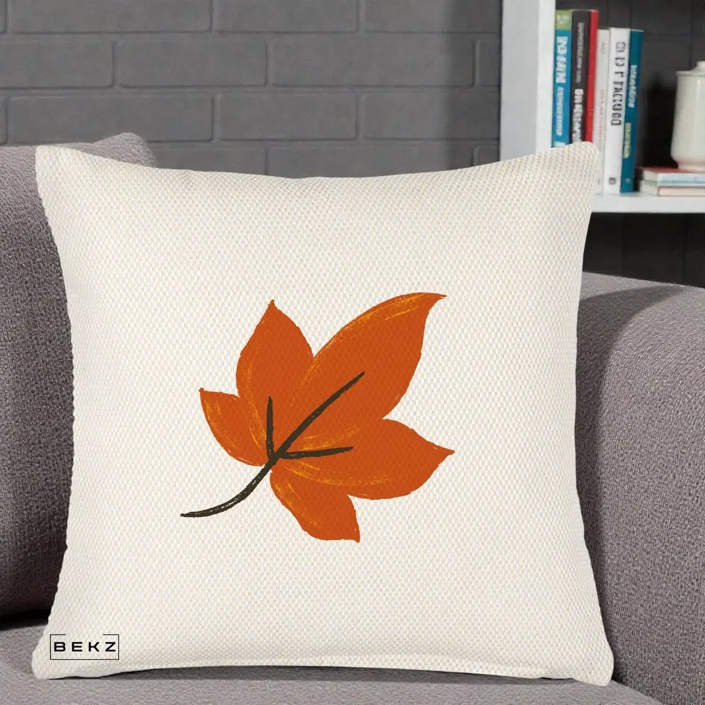 Perna Decorativa Frunza de Toamna Portocalie, 40x40 cm, Crem Reliefat, Husa Detasabila, Perna Inclusa, BEKZ®