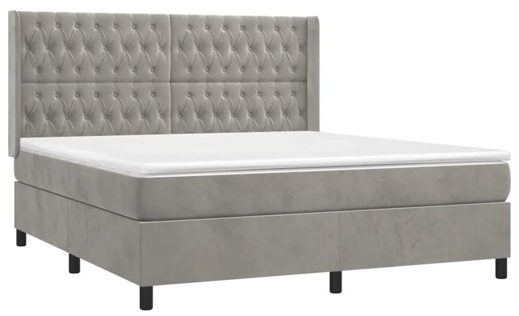 Pat box spring cu saltea, gri deschis, 180x200 cm, catifea Gri deschis, 180 x 200 cm, Design cu nasturi