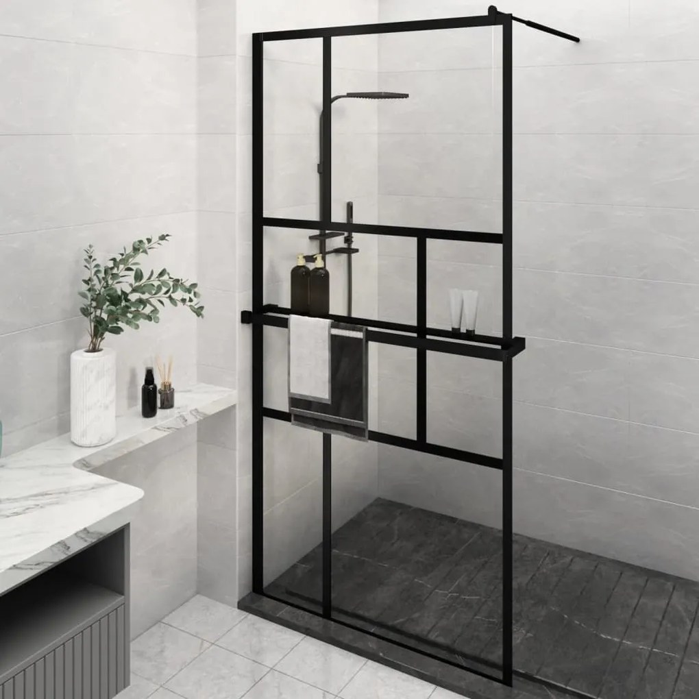 vidaXL Paravan duș walk-in cu raft negru 115x195cm sticlă ESG/aluminiu