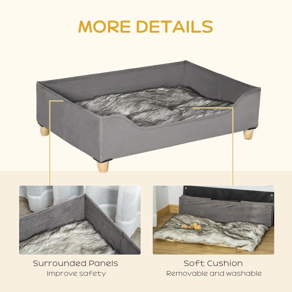 Culcus pentru Caini Inaltat PawHut cu Perna Lavabila, Patut pentru Caini Capitonat din Lemn si Plus, 81Lx56x23,5cm, Gri | Aosom RO