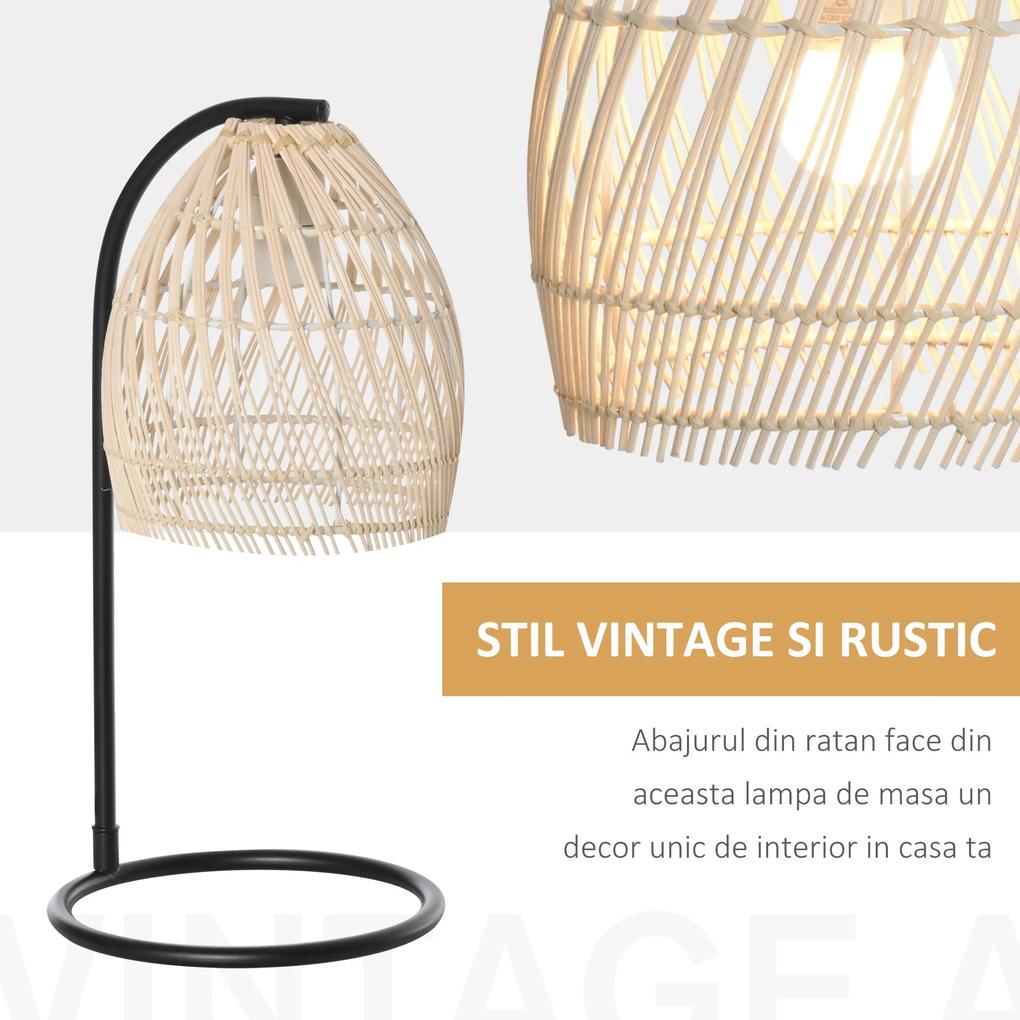HOMCOM Lampă de Masă din Rattan, Iluminat Ambiental pentru Citit, Stil Vintage, Cuplare E27 Ф20x41cm, Bej | Aosom Romania