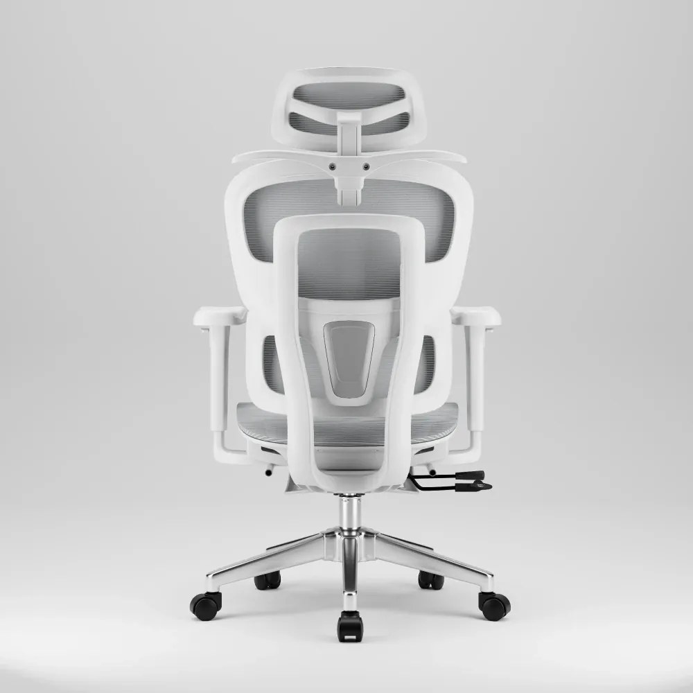 SIENA E15 Executive – Scaun Ergonomic cu Suport Lombar Reglabil pe Înălțime, Tetieră Reglabilă, Cotiere 3D, Șezut Extensibil, Reclinare 135°, Umeraș Integrat, Suport pentru Picioare și Bază Metalică, Mesh, Gri