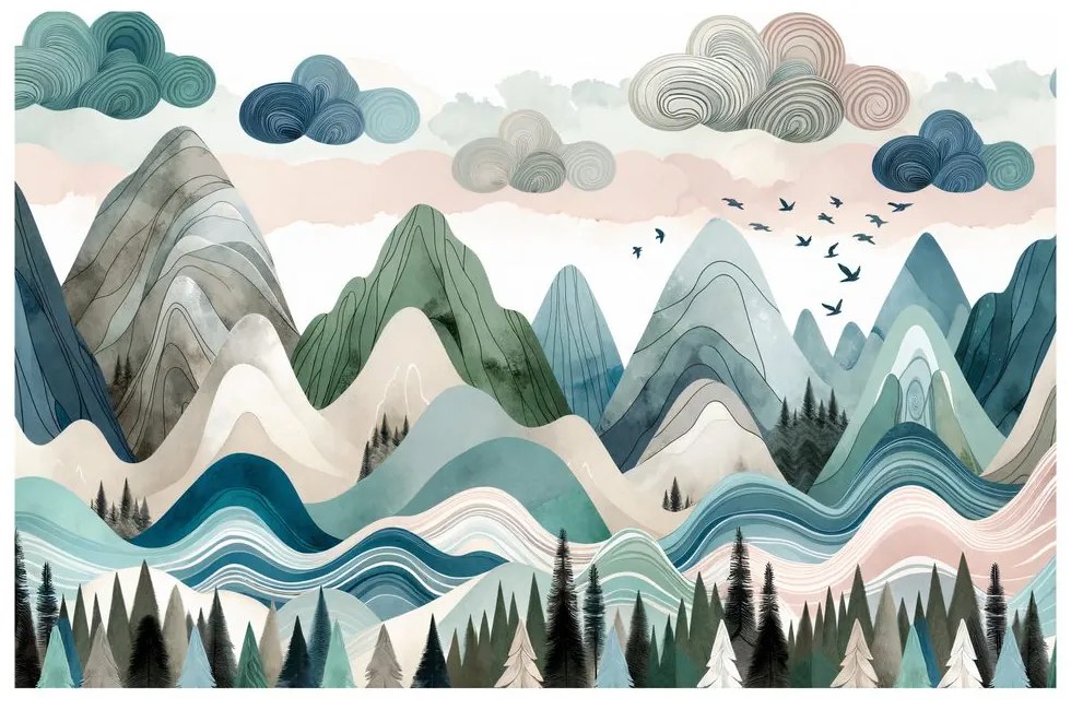Tablou peisaj montan colorat cu pădure